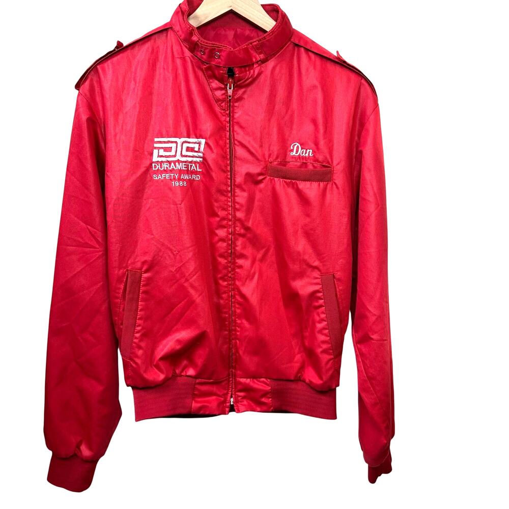 VINTAGE 80s Custom Embroidered Bomber Jacket Size 44 Dunbrooke USA Workwear Red